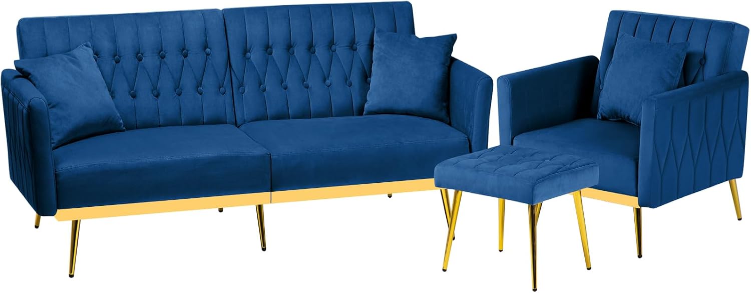 2 Pieces Velvet Futon Sofa Set with Adjustable Backrests and Armrests, 70' Convertible Sofa Bed & Tufted Accent Chair with Ottoman for Living Room, Blue