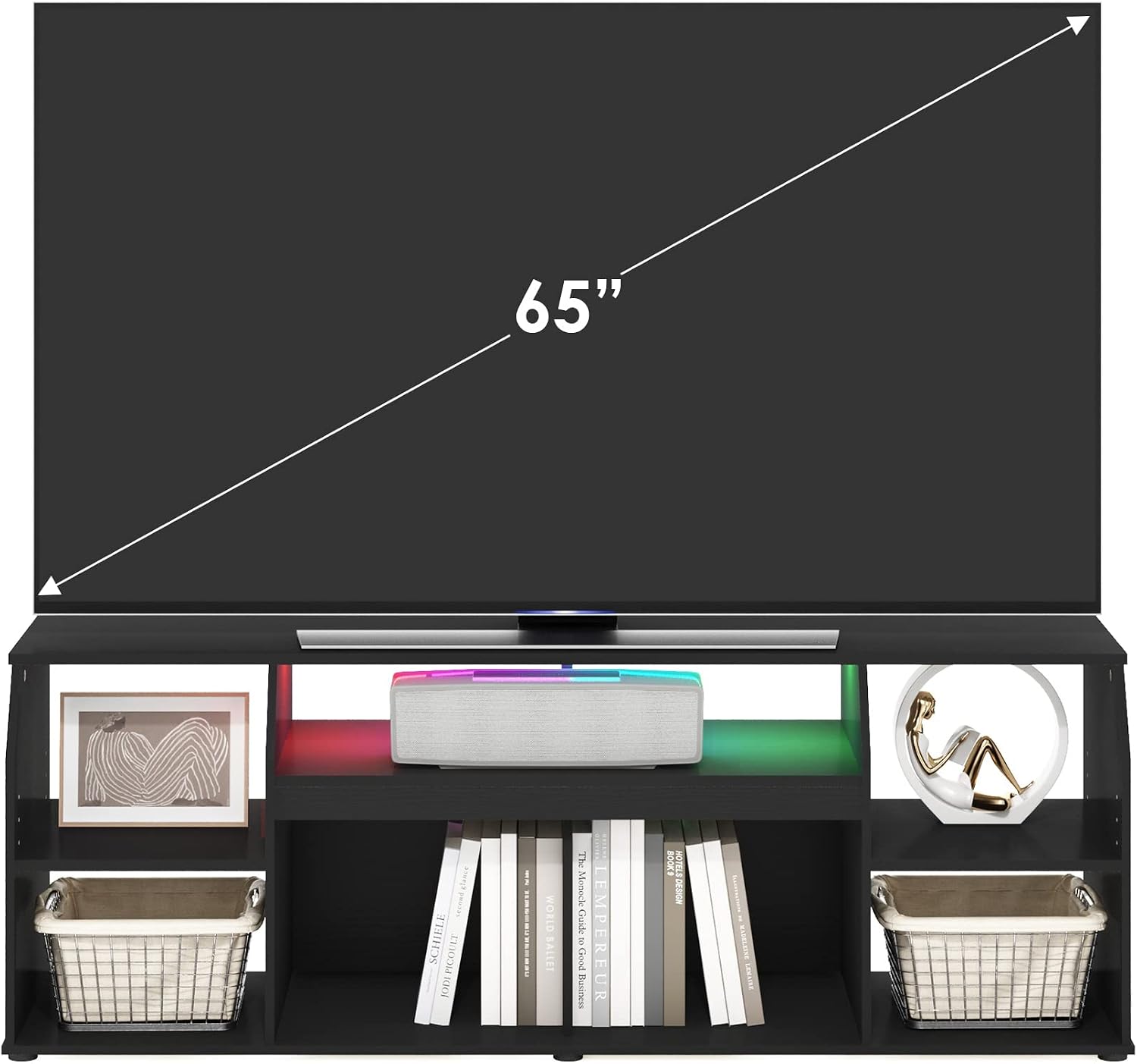 Furinno Jaya TV Stand, Large 6 Shelves Entertainment Center with LED, Media Console Table for TV up to 65 Inch, TV Console, for Living Room, Bedroom, Dark Americano