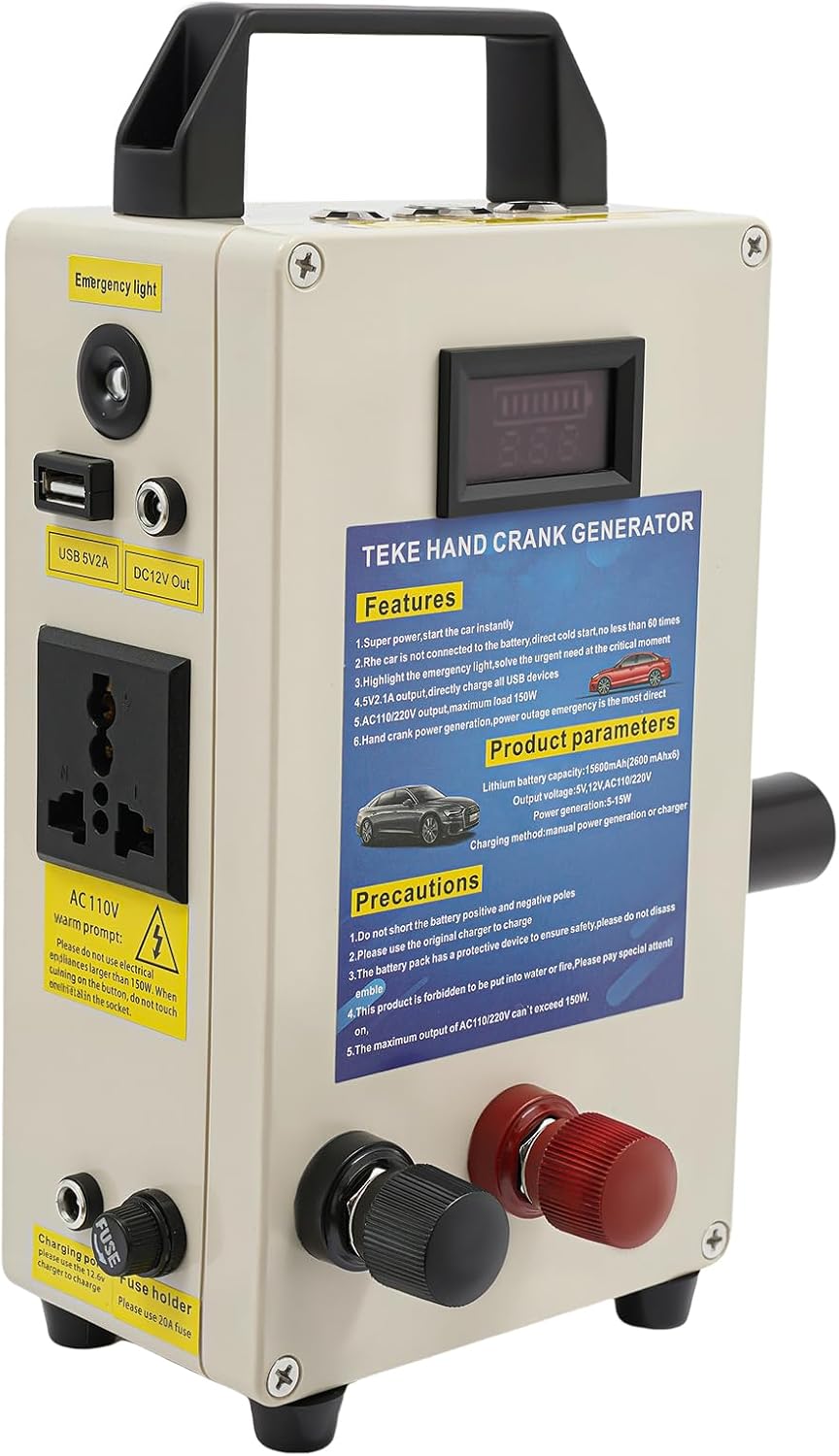 150W Hand Crank Manual Generator, Portable Power Station with USB/Vehicle Charging, Small Inverter Generator Emergency Power Supply for Home, Camping, Outdoor Survival, Mobile Devices