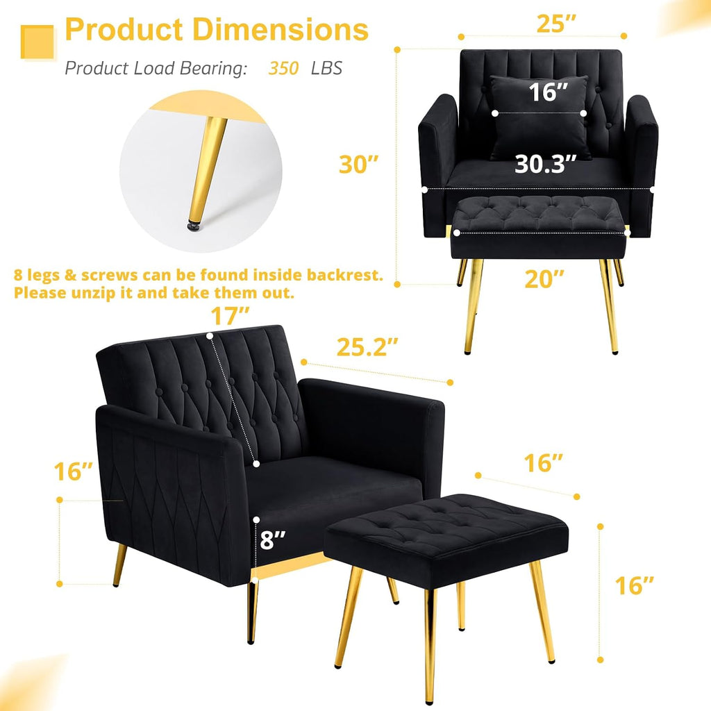 2 Pieces Velvet Sofa Set with Adjustable Armrest and Backrest, 70' Convertible Futon Sofa Bed & Mordern Accent Chair with Ottoman for Living Room, Bedroom, Black