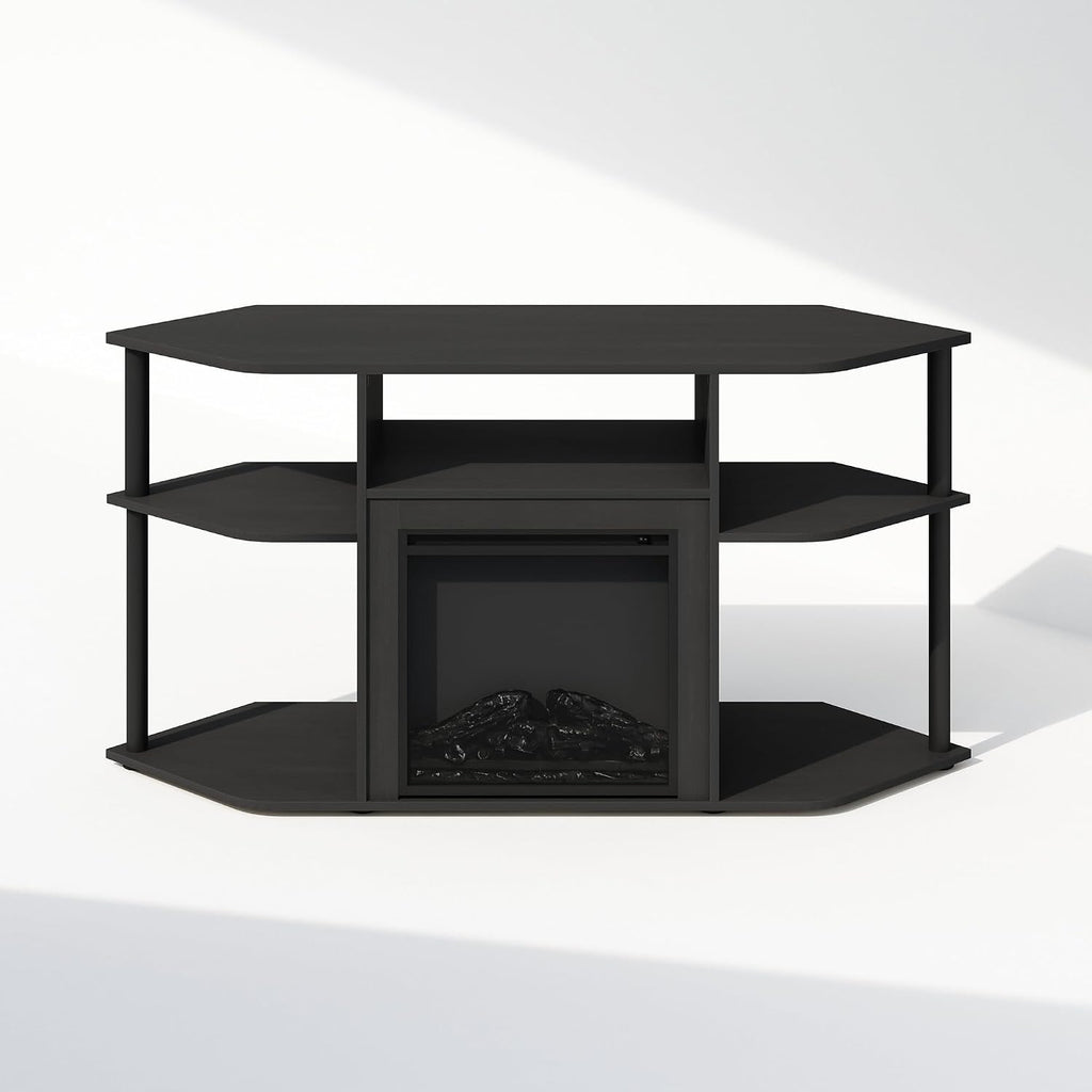 Furinno Jensen Fireplace TV Stand, NO Heat Decorative Electric Fireplace Corner TV Stand for TV up to 55 Inch, with Open Shelf, for Living Room, Americano/Black