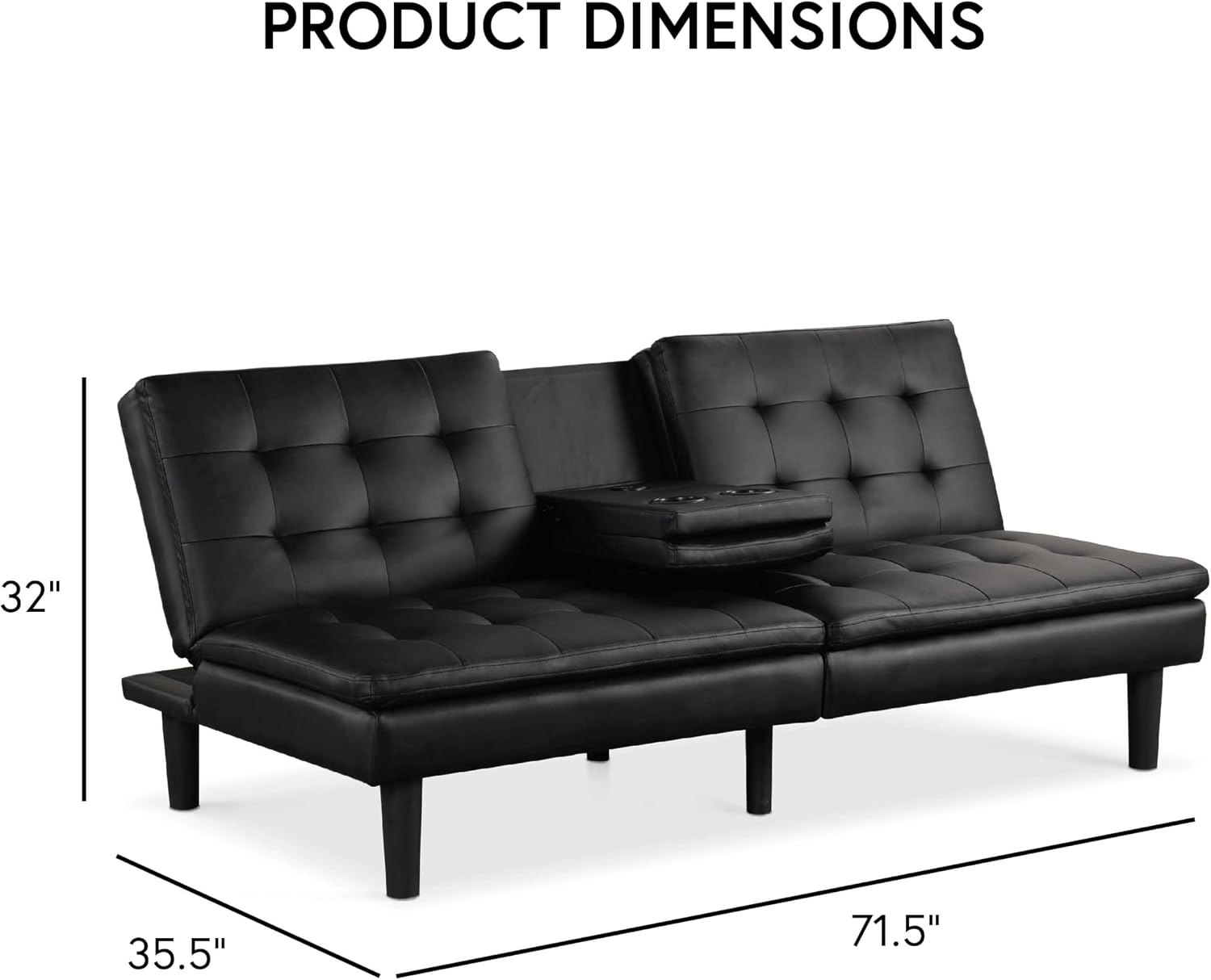 Furniture of America Fallein Modern Contemporary Wood 71.5-inch Futon Sofa Bed with Drop-Down Table, Cup Holders, USB-A Charger, Biscuit Tufting for Bedroom, Guest Room, Black