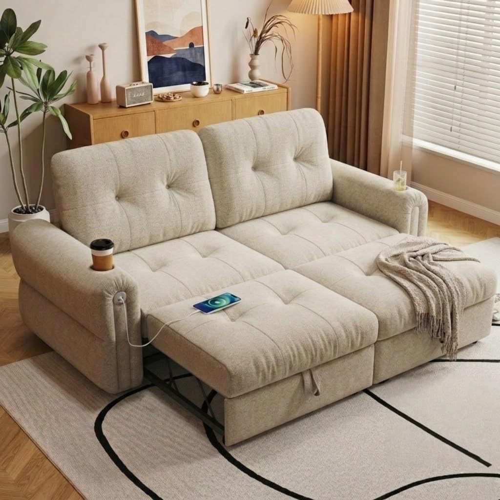 Convertible Couches, Queen Size Pull Out Sofa Bed with USB Charging Port and Cup Holders, Plannelette Fabric Convertible Sofa Bed for Small Space, Living Room, Apartment, Guest Room, Beige