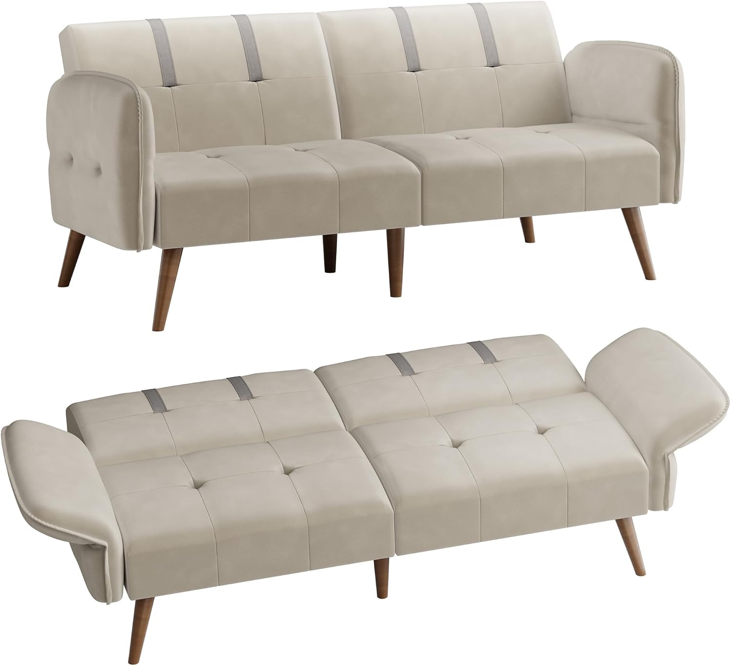 Shintenchi Futon Sofa Bed Modern Folding Sleeper Couch Bed for Living Room,Velvet Loveseat Sofa Couch Sofa cama for Apartments Office Small Spaces,w/Adjustable Armrests Backrest,Ivory White