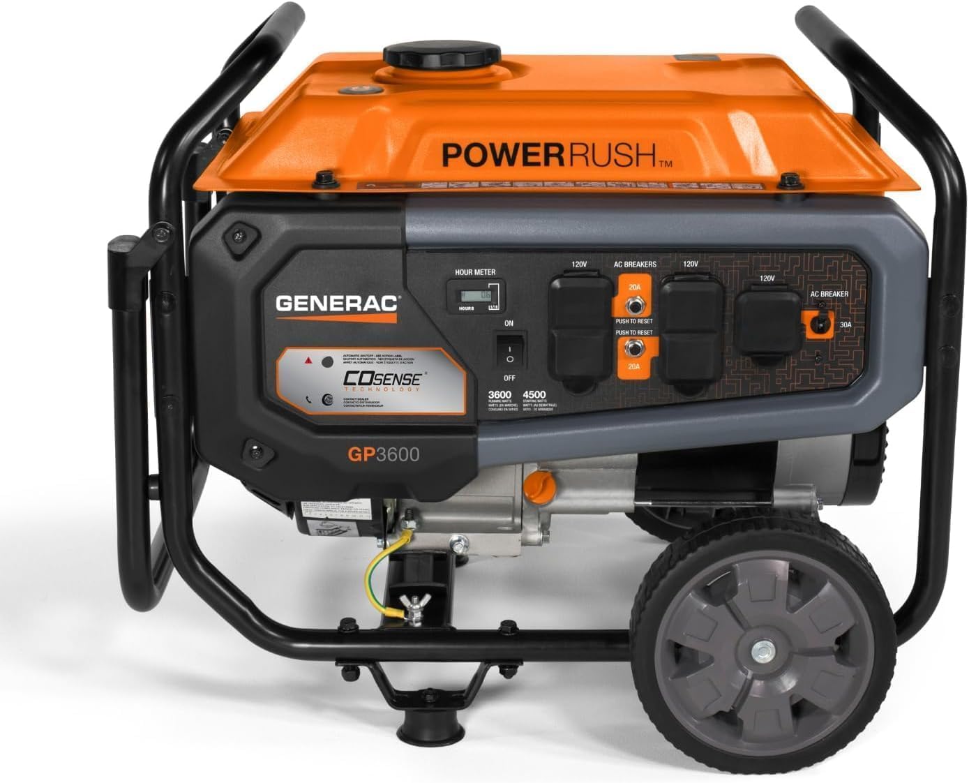 Generac 4,500 Starting Watt Portable Gas Generator, PowerRush Technology for 40% More Starting Capacity, COsense Carbon Monoxide Detection, Heavy Duty Steel Frame with Never-Flat Wheels, 49-State