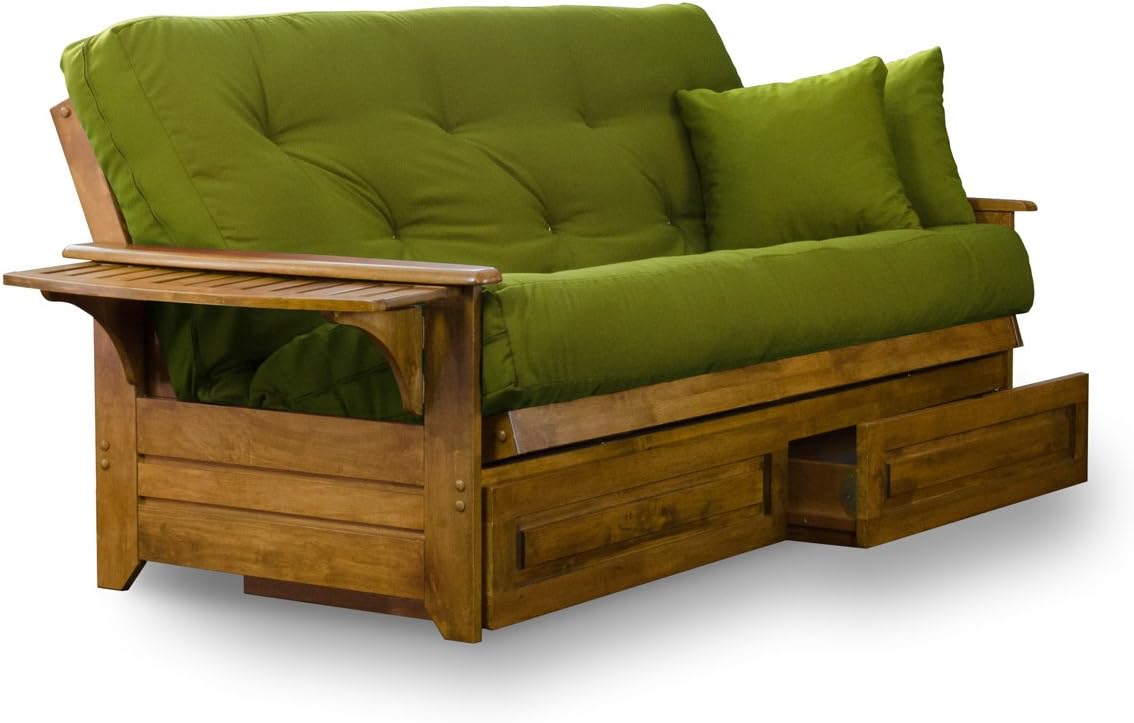 Brentwood Tray Arm Queen Size Wood Futon Frame and Storage Drawers - Heritage Finish