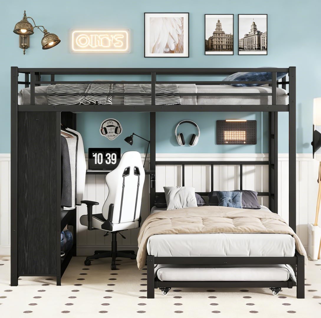 Bellemave Queen Over Twin XL bunk Bed with Foldable Desk and Wardrobe and Twin Trundle, loft Bed with Desk and Desk, Metal Bunk Beds with Storage, Black