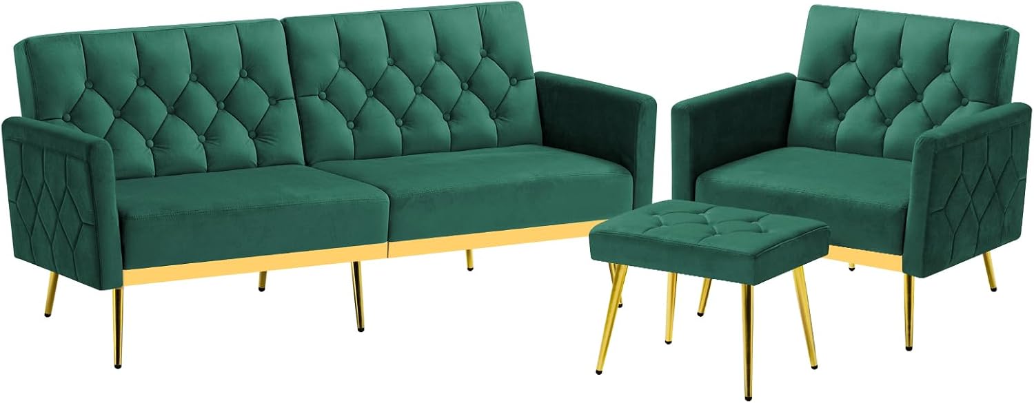2 Pieces Velvet Sofa Set w/Adjustable Armrests and Backrests, Tufted Accent Chair w/Ottoman, Convertible Futon Sofa Bed for Bedroom, Living Room, Apartment, Green