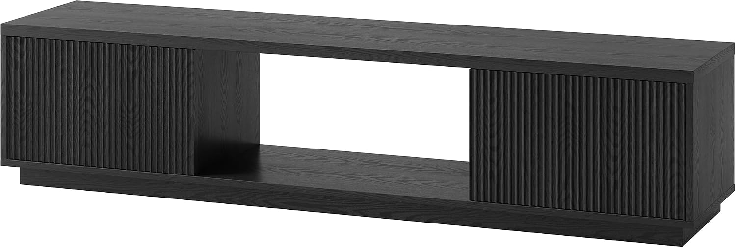 Henn&Hart Fluted TV Stand for TVs up to 78' with 2 Ribbed Side Storage Cabinets and Open Center Storage for Living Room, Family Room, or Office, Natural Black