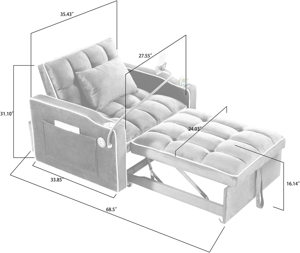 3 in 1 Convertible Sleeper Chair Bed with USB Ports, Cup Holder and Phone Stand, Velvet Pull Out Futon Sofa Beds, Adjustable Backrest Single Sofa Chair for Small Spaces, Living Room, Office (Beige)