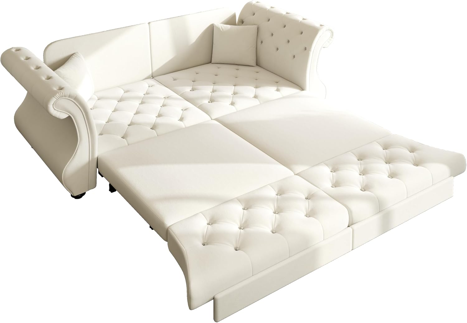 83.8'' Sleeper Sofa Bed Queen Size, Velvet Chesterfield Pull Out Couch, Flower Tufting Convertible Sofa, Comfy Loveseat, Modern Futon Couches, 2 Pillows for Living Room, Apartment, Beige