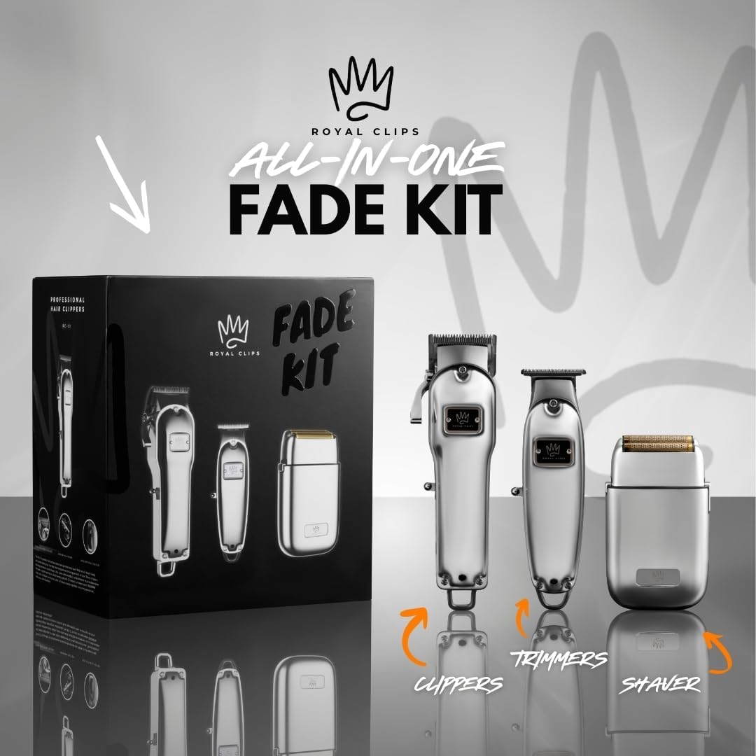Royal Clips Hair and Beard Fade Kit – Professional Clipper, Trimmer & Foil Shaver Bundle for Men, Complete Haircut Set for Barbers, Home Use & Grooming– Holiday Gift for Men, Fathers, Brothers- Silver