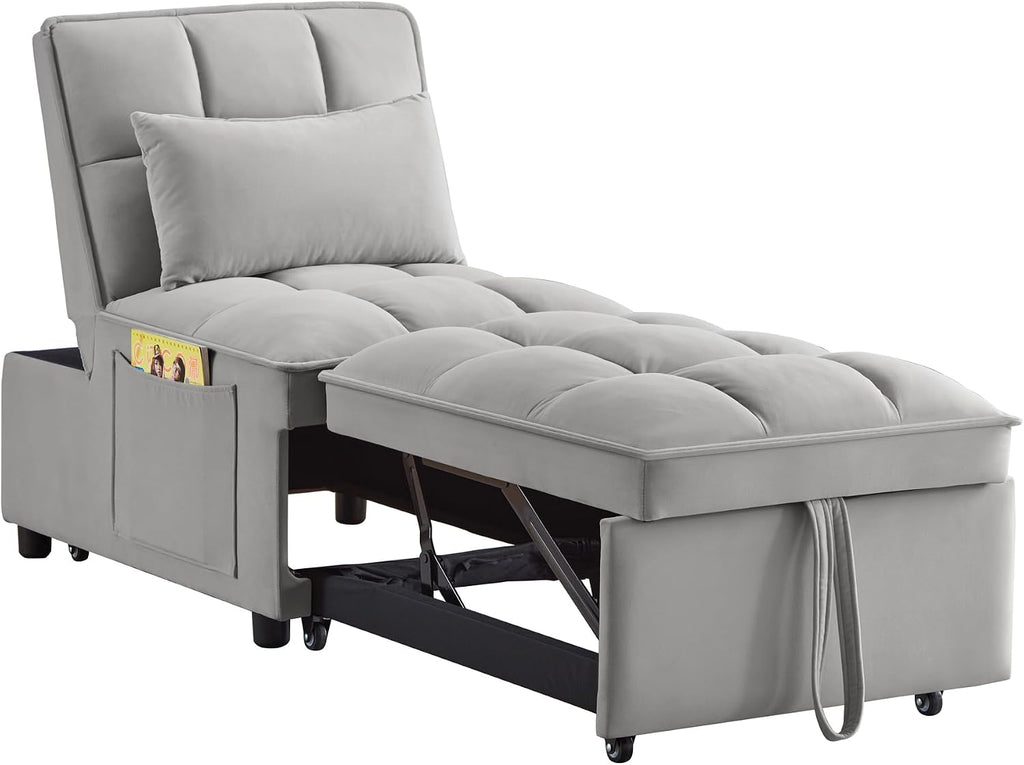 YOPTO Multi-Function Convertible Single Sleeper Sofa Bed with Storage Pockets,Velvet Tufted Pull-Out Couch Bed 4in1 W/Adjustable Backrest & Pillows,Chaise Lounge for Living Room,Small Space,Gray