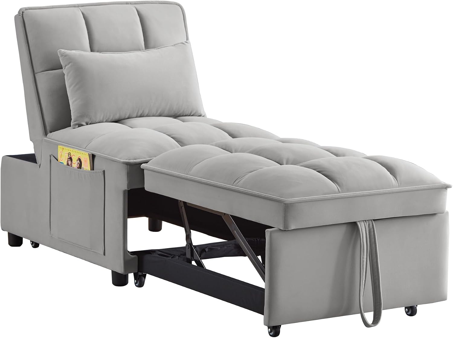 YOPTO Multi-Function Convertible Single Sleeper Sofa Bed with Storage Pockets,Velvet Tufted Pull-Out Couch Bed 4in1 W/Adjustable Backrest & Pillows,Chaise Lounge for Living Room,Small Space,Gray
