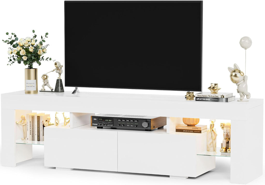 YESHOMY Modern LED TV Stand for Televisions up to 70 Inch with Glass Shelves and Drawer, Gaming Entertainment Center with Multiple Dynamic RGB Modes, for Livingroom, Bedroom, 60 Inch, White