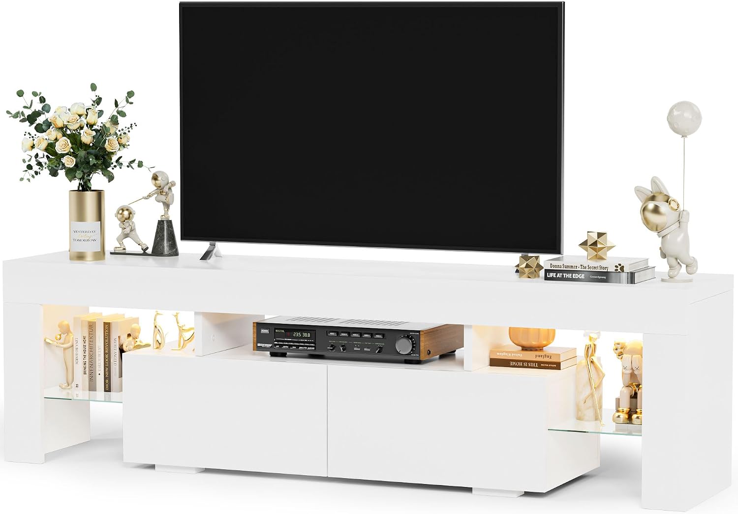 YESHOMY Modern LED TV Stand for Televisions up to 70 Inch with Glass Shelves and Drawer, Gaming Entertainment Center with Multiple Dynamic RGB Modes, for Livingroom, Bedroom, 60 Inch, White