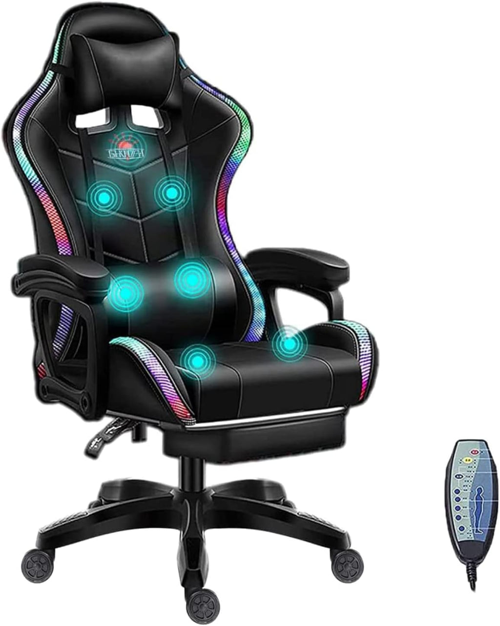 Full Massage Gaming Chair for Adults Video Game Chair with Speaker and RGB Light PU Leather Office Chair with Footrest Headrest Armrest Recliner Computer Chair Swivel E-Sports Chair,Black