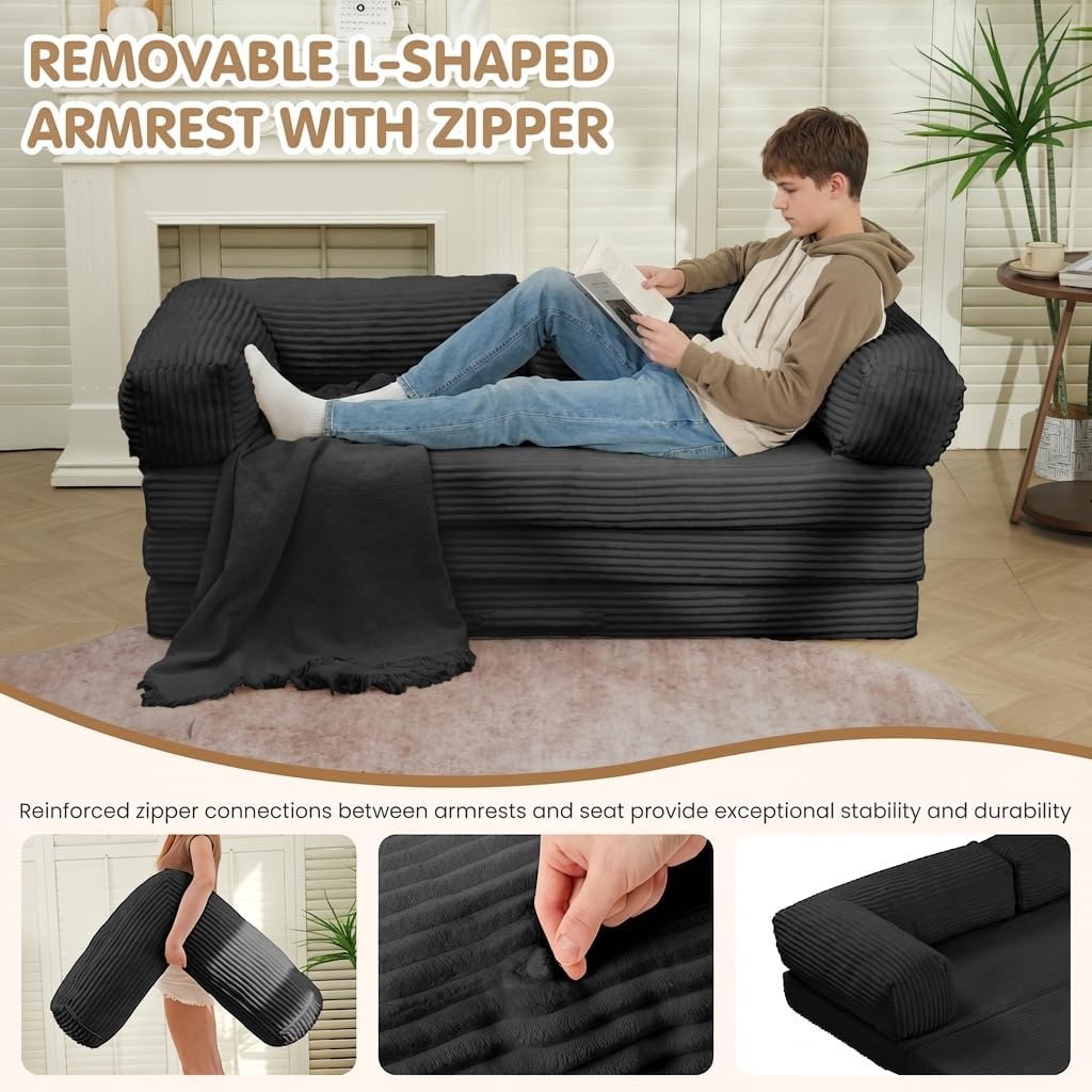 Convertible Sofa Bed Queen,5-in-1 Tri-Fold Boneless Couch with Removable Armrests & Handle,Corduroy Futon Sleeper Sofa,Floor Folding Mattress Pull Out Bed for Small Space Living Room Bedroom,Black