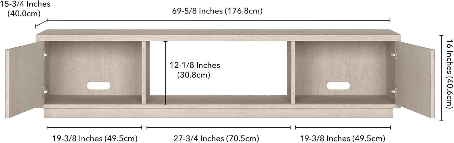 Henn&Hart Fluted TV Stand for TVs up to 78' with 2 Ribbed Side Storage Cabinets and Open Center Storage for Living Room, Family Room, or Office, Beech White