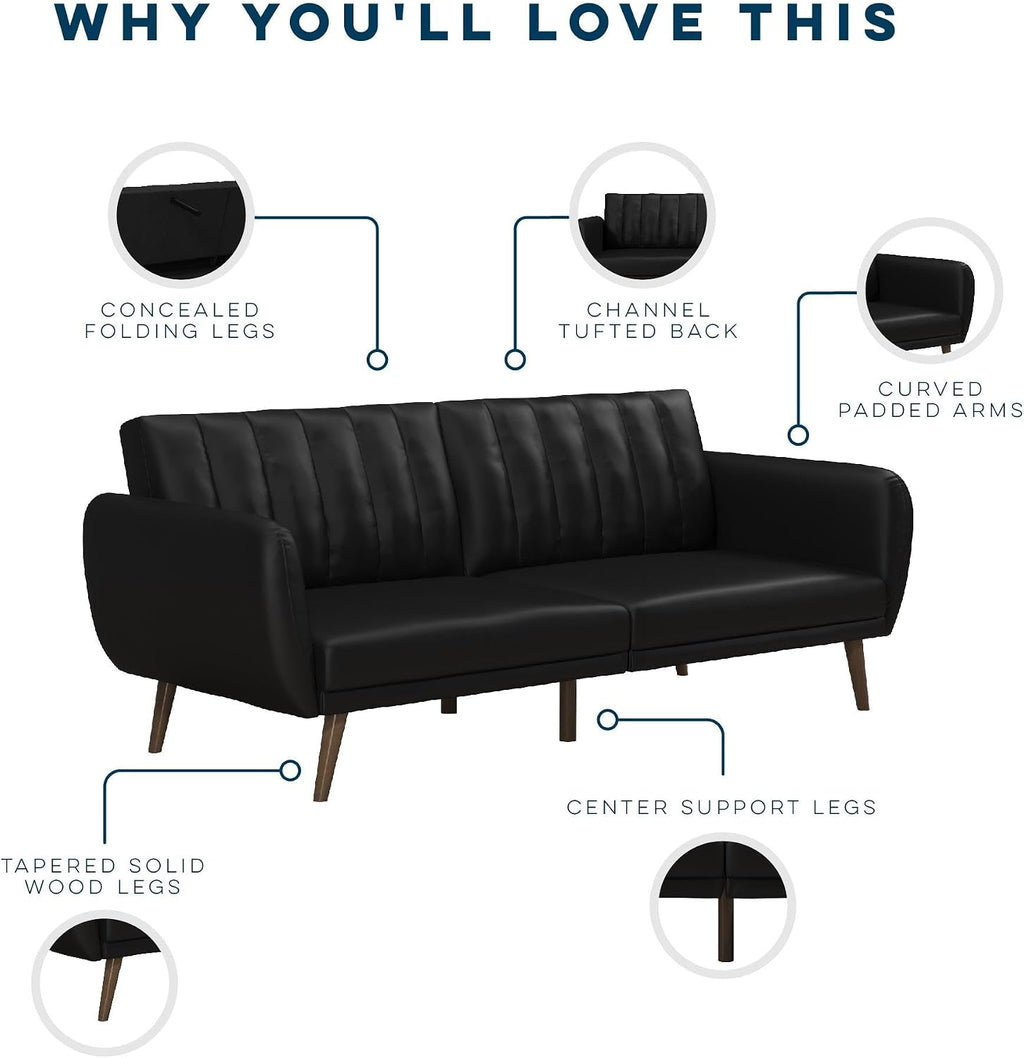 Novogratz Brittany 82 Inch Futon Sofa Bed in Faux Leather, Upholstered Couch Sleeper with Tufted Back, Mid-Century Modern Design, Black