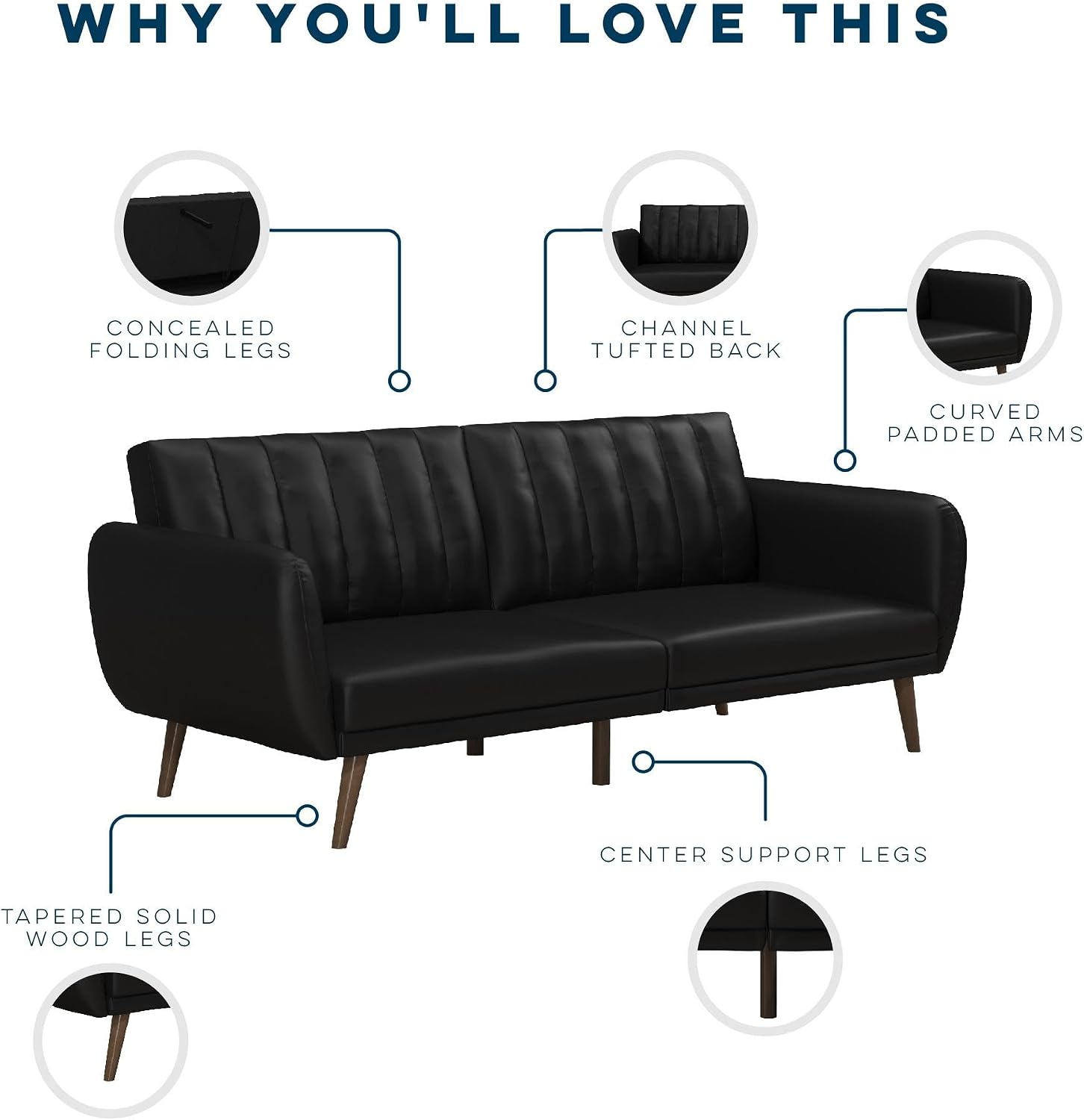 Novogratz Brittany 82 Inch Futon Sofa Bed in Faux Leather, Upholstered Couch Sleeper with Tufted Back, Mid-Century Modern Design, Black