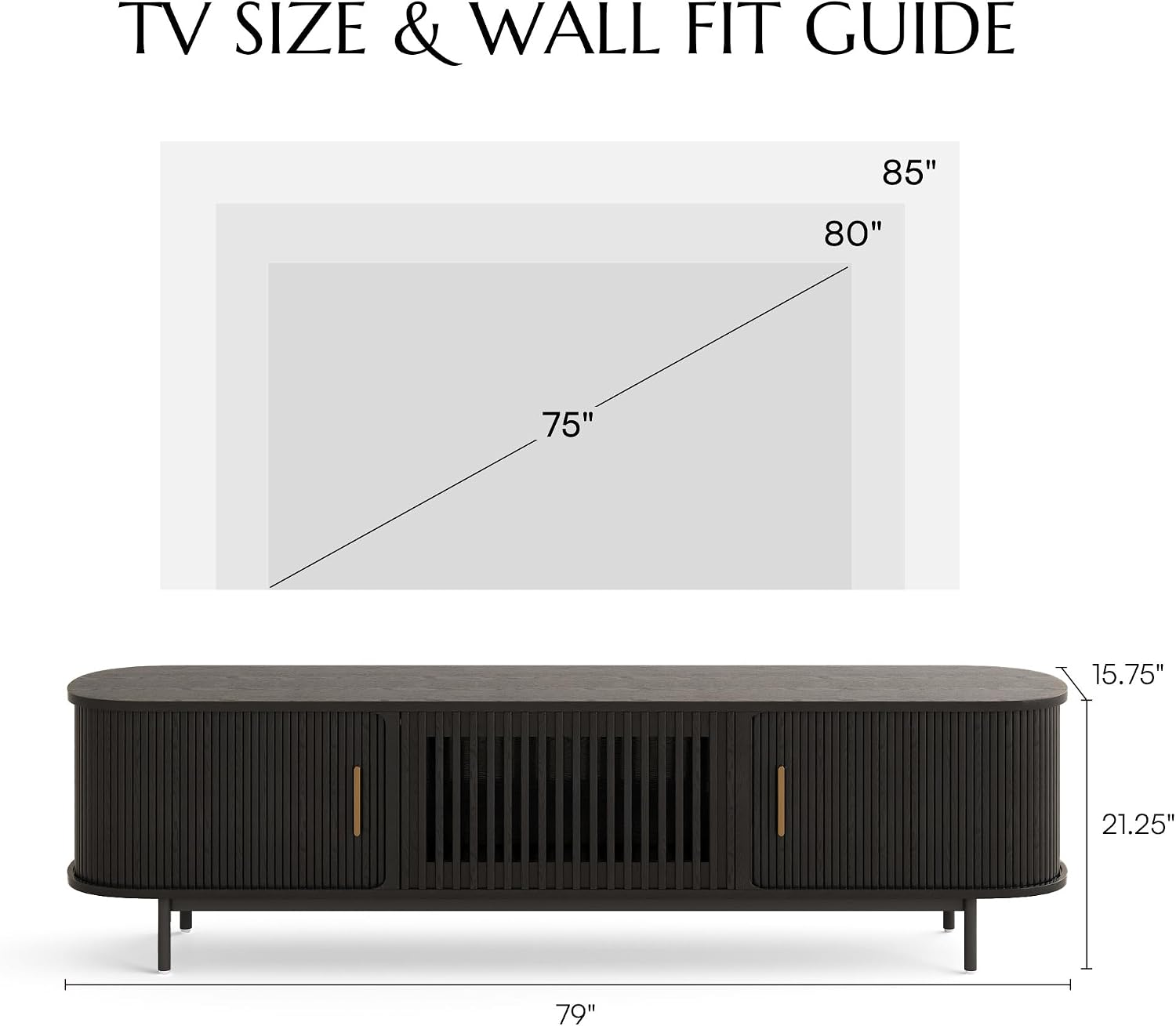 POVISON Fully-Assembled Mid Century Modern TV Stand, Sliding Tambour Door Entertainment Center with Storage, Wood TV Console, Media Console for Living Room Bedroom(Black, 78.74')