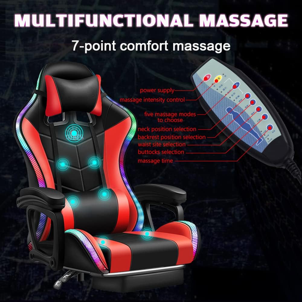 Gaming Chair with LED Light/Pro Gaming Chair with Bluetooth Speakers, Full Massage Lumbar Support and Backrest Adjustable Ergonomic Computer Gaming Chairs with Retractible Footrest,White