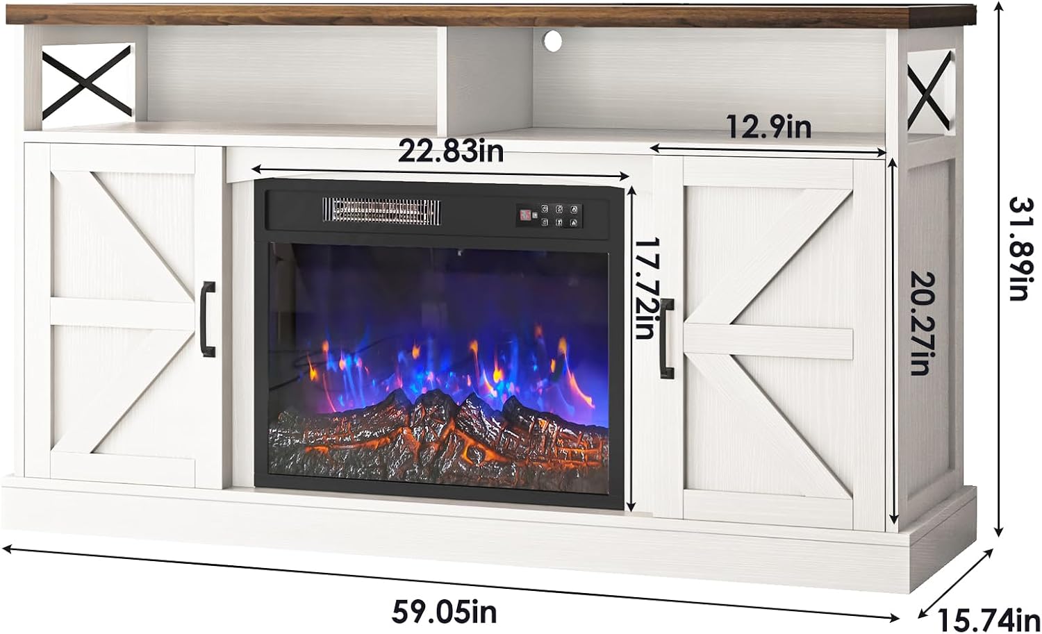 YGEOMER TV Stand with Fireplace, 59in Entertainment Center with LED Lights, for 65 inch TVs, with Opening Shelves and Storage Cabinets, for Living Room, White