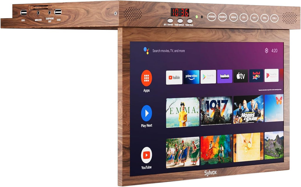 SYLVOX 15.6' Under Cabinet Smart TV – 360° Rotation, 90° Flip-Down Screen, Wireless Connectivity, Space-Saving Design for Kitchen, Bedroom, or RV. (Wood Grain Color)