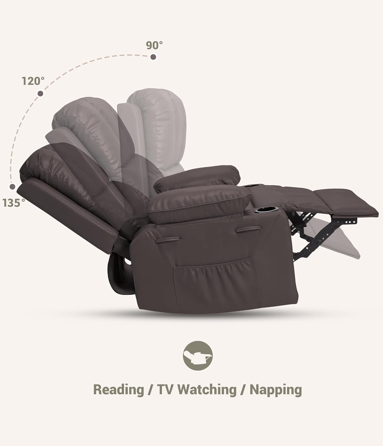 GarveeHome 22 in Rocker Swivel Recliner Chair, Lazy Recliner for Adults, with 1.5X Sponge Filling, Side Pocket, and Cup Holder, for Living Room, Bedroom, and Nursery, Coffee