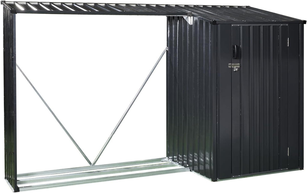JT 9 x 3 FT Metal Firewood Rack, Galvanised Steel Garden Log Storage Shed, Metal Firewood Shed Holder, Outdoor Log Rack for Backyard, Two-in-One, Black