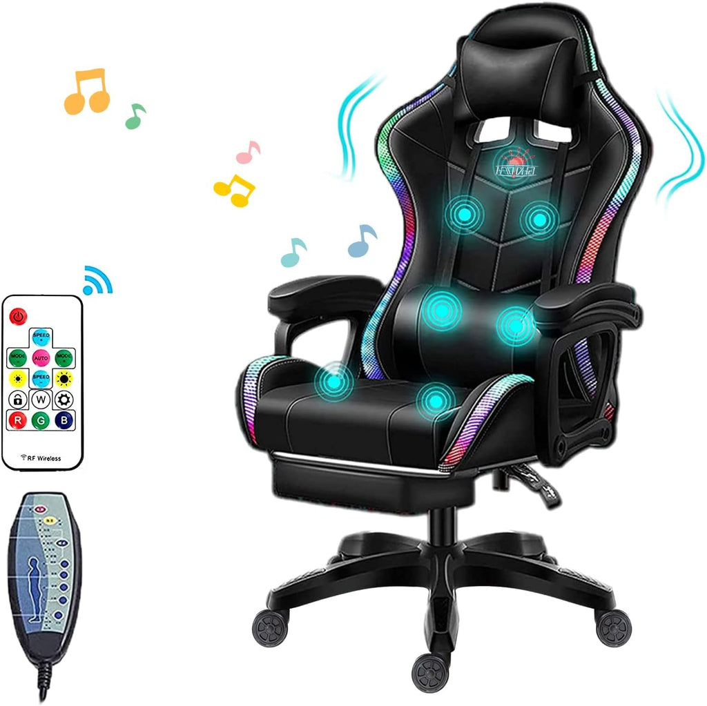 LED Gaming Chairs for Adults with Speakers - Ergonomic Computer Chair with Full Massage, High Back Music Video Game Chair with Footrest and Lumbar Support, PU Leather Silla Gamer,Black