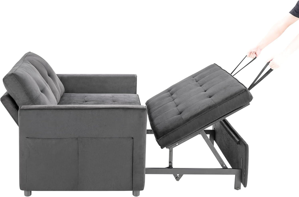 Sofa Bed, Pull Out Couch with Side Pockets, 3 in 1 Velvet Fabric Loveseat Sleeper Sofa Bed, Pull Out Couch with Adjustable Backrest for Living Room, Bedroom, Apartment, Gray, 53 Inch