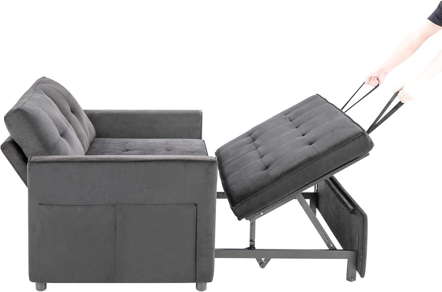 Sofa Bed, Pull Out Couch with Side Pockets, 3 in 1 Velvet Fabric Loveseat Sleeper Sofa Bed, Pull Out Couch with Adjustable Backrest for Living Room, Bedroom, Apartment, Gray, 53 Inch