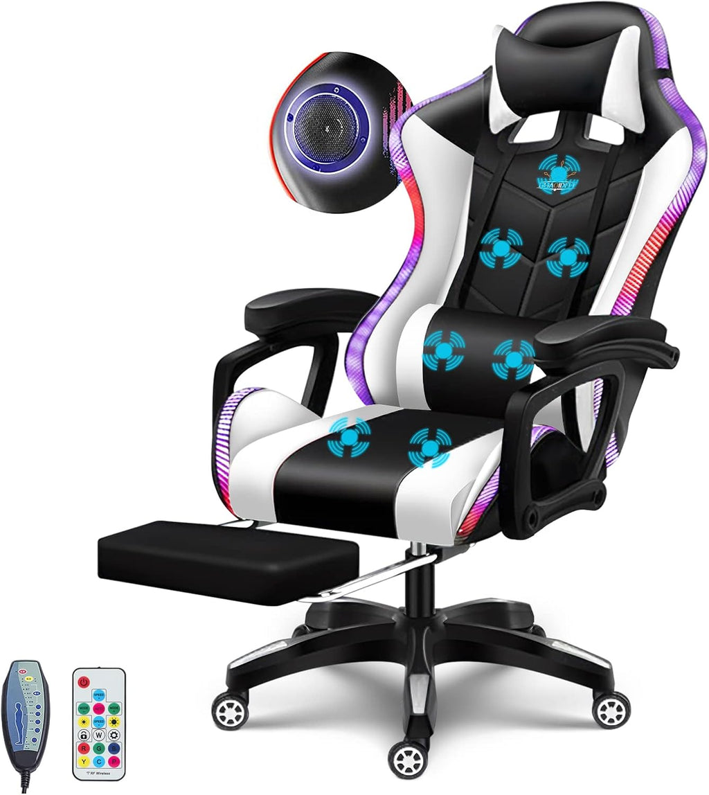 Big and Tall Gaming Chair with Footrest Ergonomic Massage Office Chairs LED Video Game Chair with Speakers Comfortable Headrest Lumbar Support High Back Desk Chair PU Leather for Adults,White
