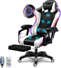 Big and Tall Gaming Chair with Footrest Ergonomic Massage Office Chairs LED Video Game Chair with Speakers Comfortable Headrest Lumbar Support High Back Desk Chair PU Leather for Adults,White