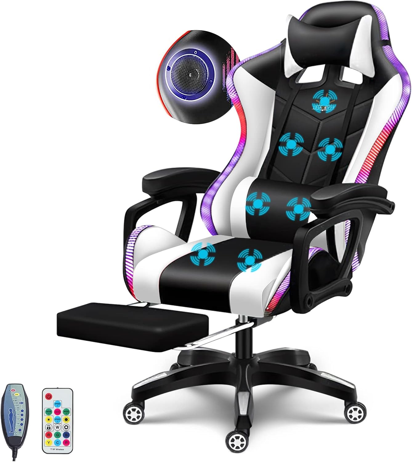 Big and Tall Gaming Chair with Footrest Ergonomic Massage Office Chairs LED Video Game Chair with Speakers Comfortable Headrest Lumbar Support High Back Desk Chair PU Leather for Adults,White