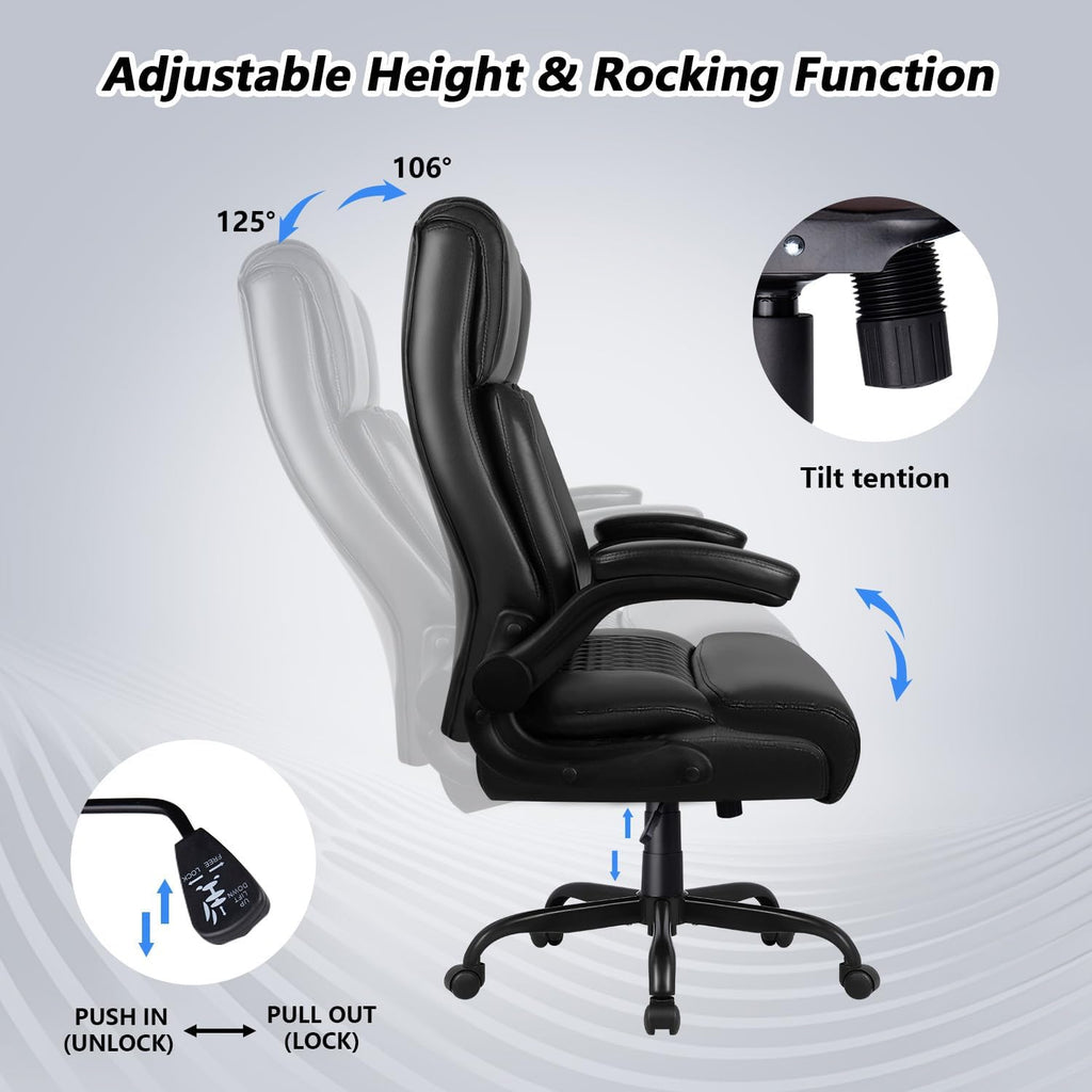 Office Chair, Big and Tall 400LBS Heavy Duty Executive Office Desk Chair with Flip-up Armrest, Ergonomic Swivel High Back Office Chairs with Lumbar Support, PU Leather (Black)