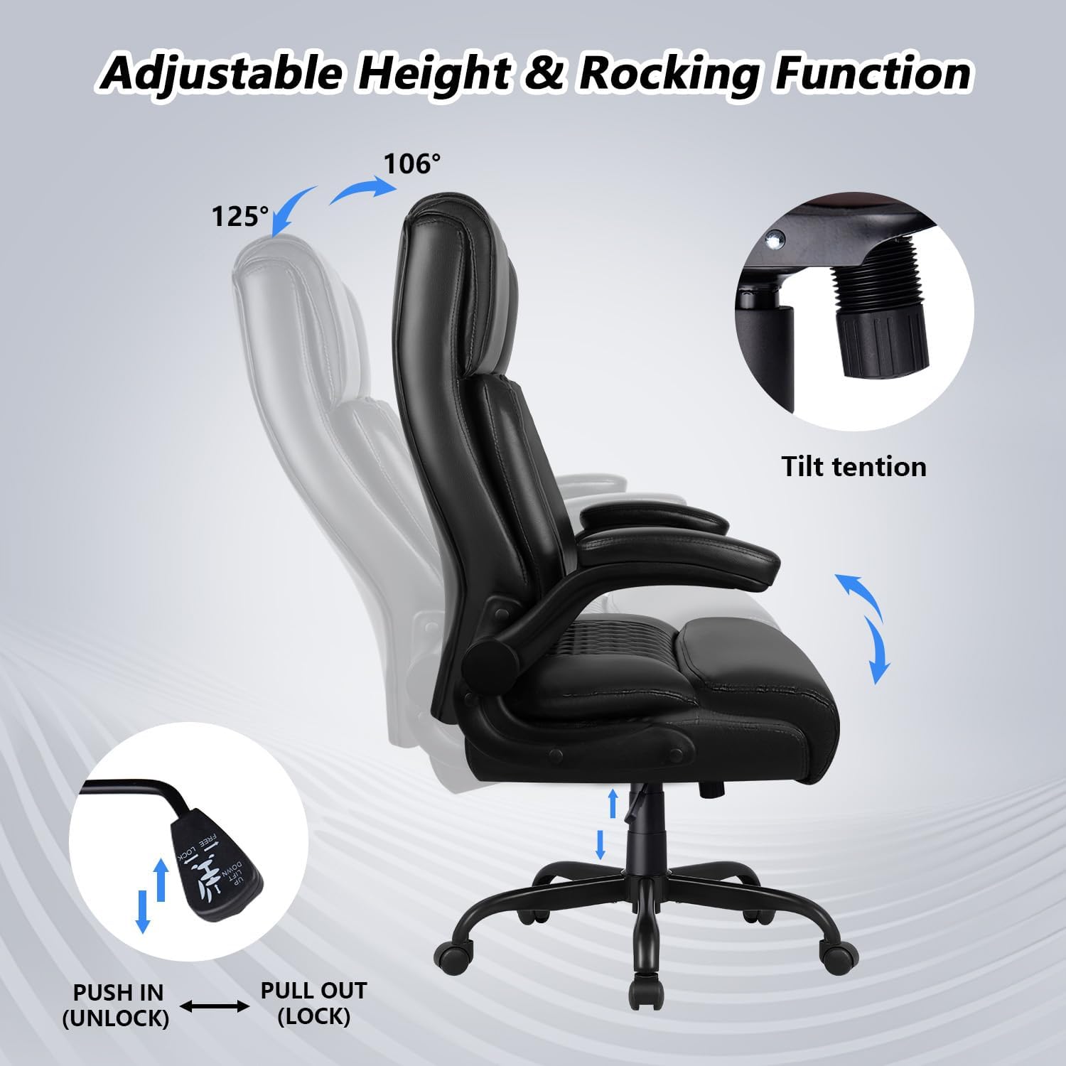 Office Chair, Big and Tall 400LBS Heavy Duty Executive Office Desk Chair with Flip-up Armrest, Ergonomic Swivel High Back Office Chairs with Lumbar Support, PU Leather (Black)