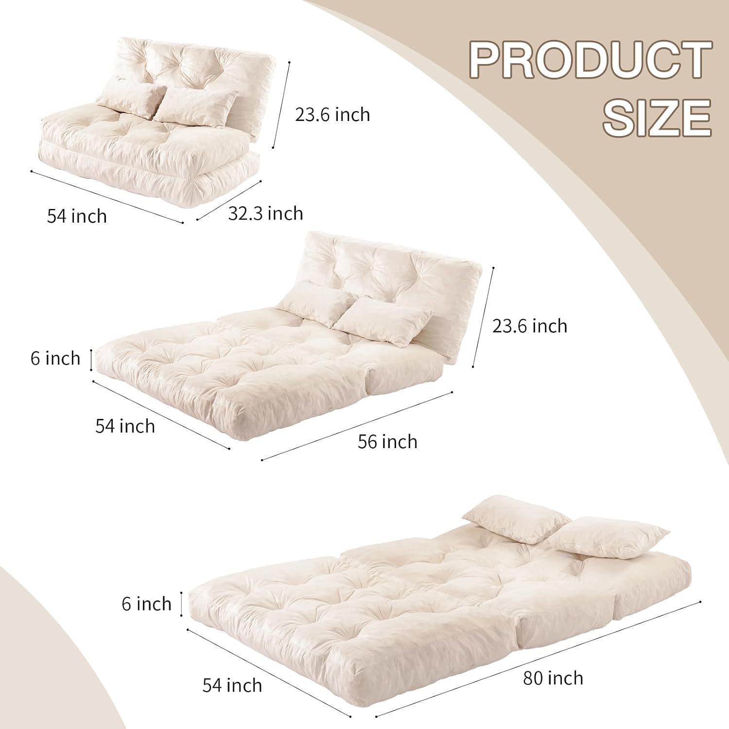 Folding Sofa Bed, Convertible Sleeper Chair with Pillow Foldable Mattress with Back Support, Portable Fold Out Chair Bed Comfy Floor Sofa Lounge for Living Room Bedroom, Beige Full 80x54 Inch