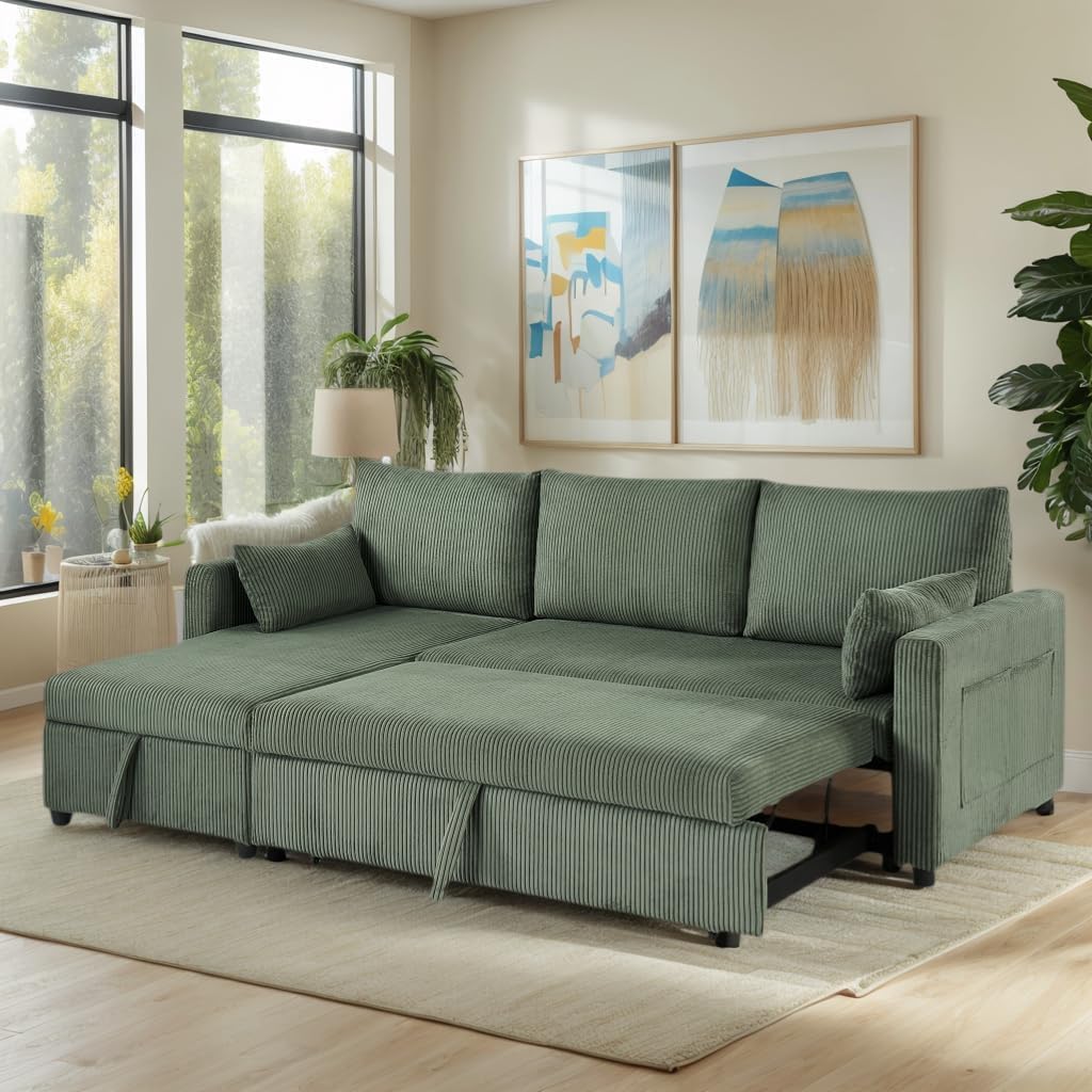 Queen Sleeper Sofa, Convertible Sofa Bed with Storage, 85 Inch Sectional Couch with Pull Out Bed, L Shaped 3 Seat Sectional Sleeper Sofa for Living Room, Apartment, Green