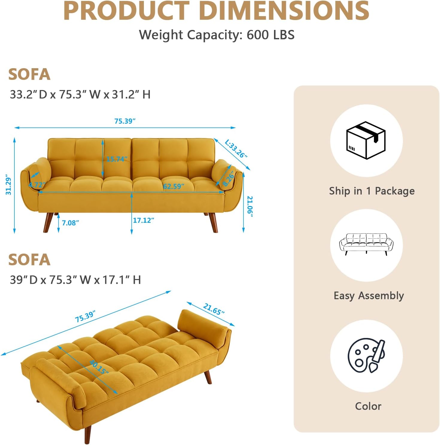 75' Convertible Futon Sofa Bed, Sleeper Couch Bed with Adjustable Backrest, Small Couches for Small Spaces, Living Room, Bedroom and Office (Yello)
