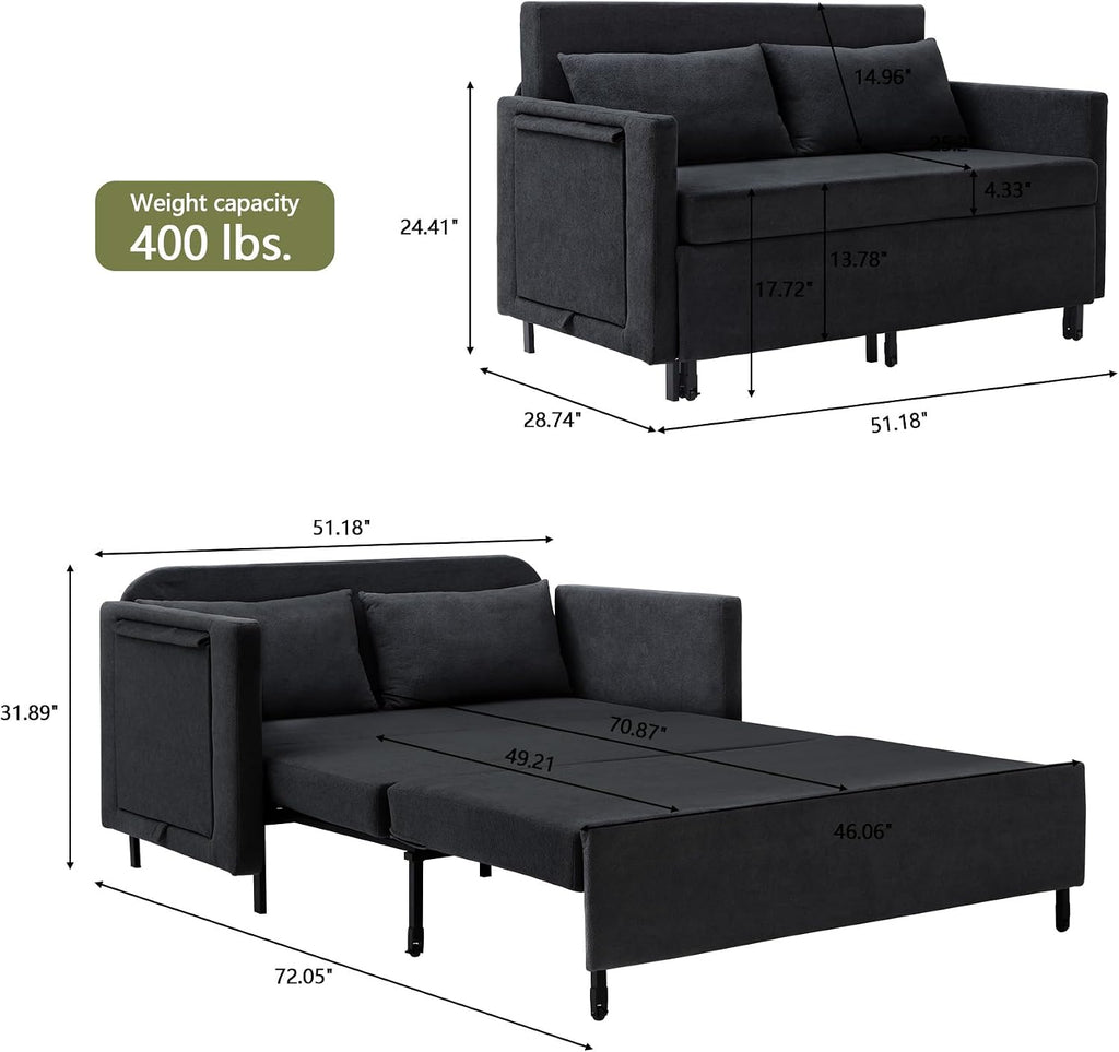 51'' Small Pull Out Sofa Bed, 3-in-1 Convertible Sleeper Couch Bed, Chenille Futon Sleeper Sofa with Side Table and 2 Pillows, Modern Loveseat Couch for Living Room, Bedroom, Home Office (Black)