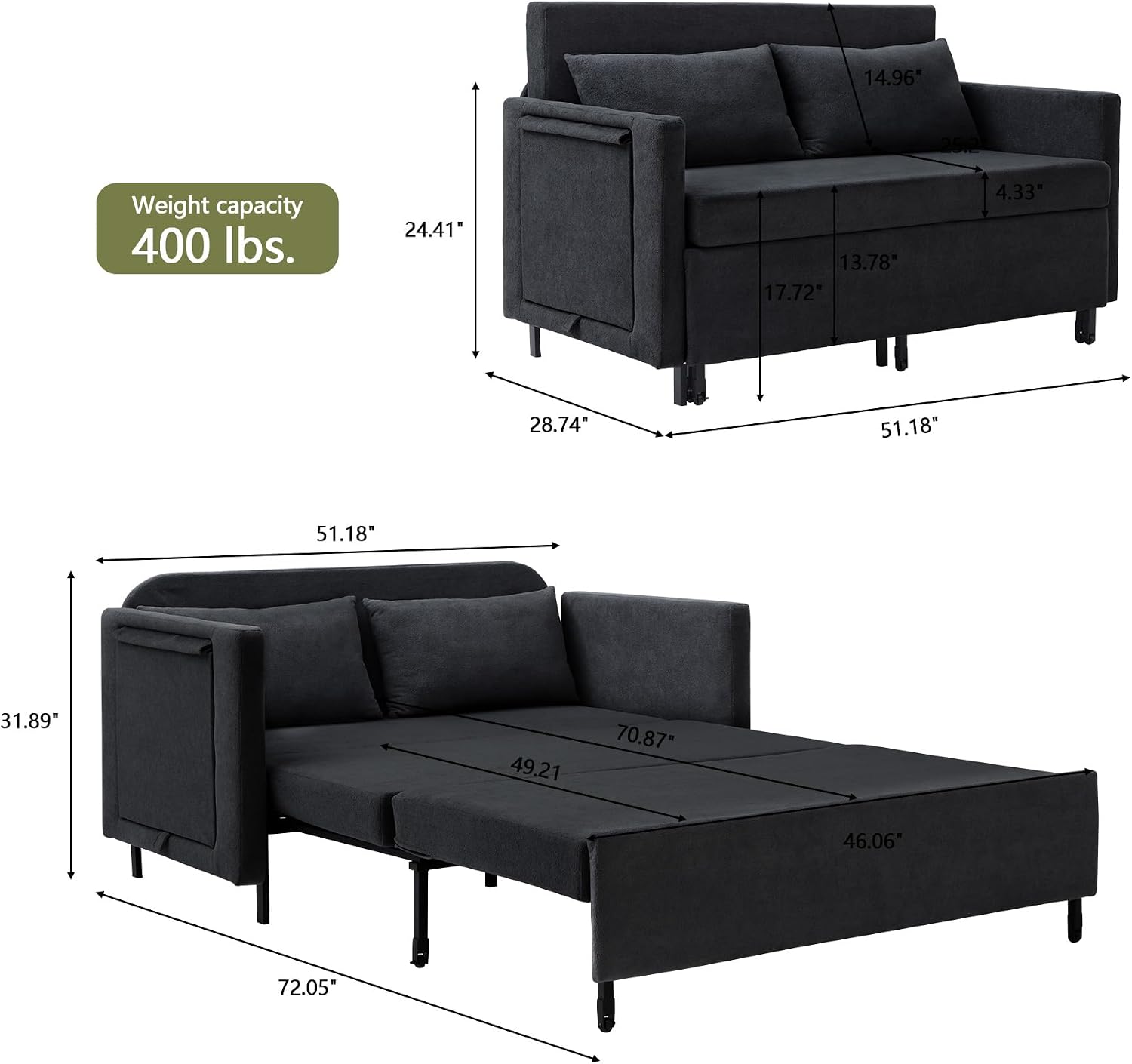51'' Small Pull Out Sofa Bed, 3-in-1 Convertible Sleeper Couch Bed, Chenille Futon Sleeper Sofa with Side Table and 2 Pillows, Modern Loveseat Couch for Living Room, Bedroom, Home Office (Black)