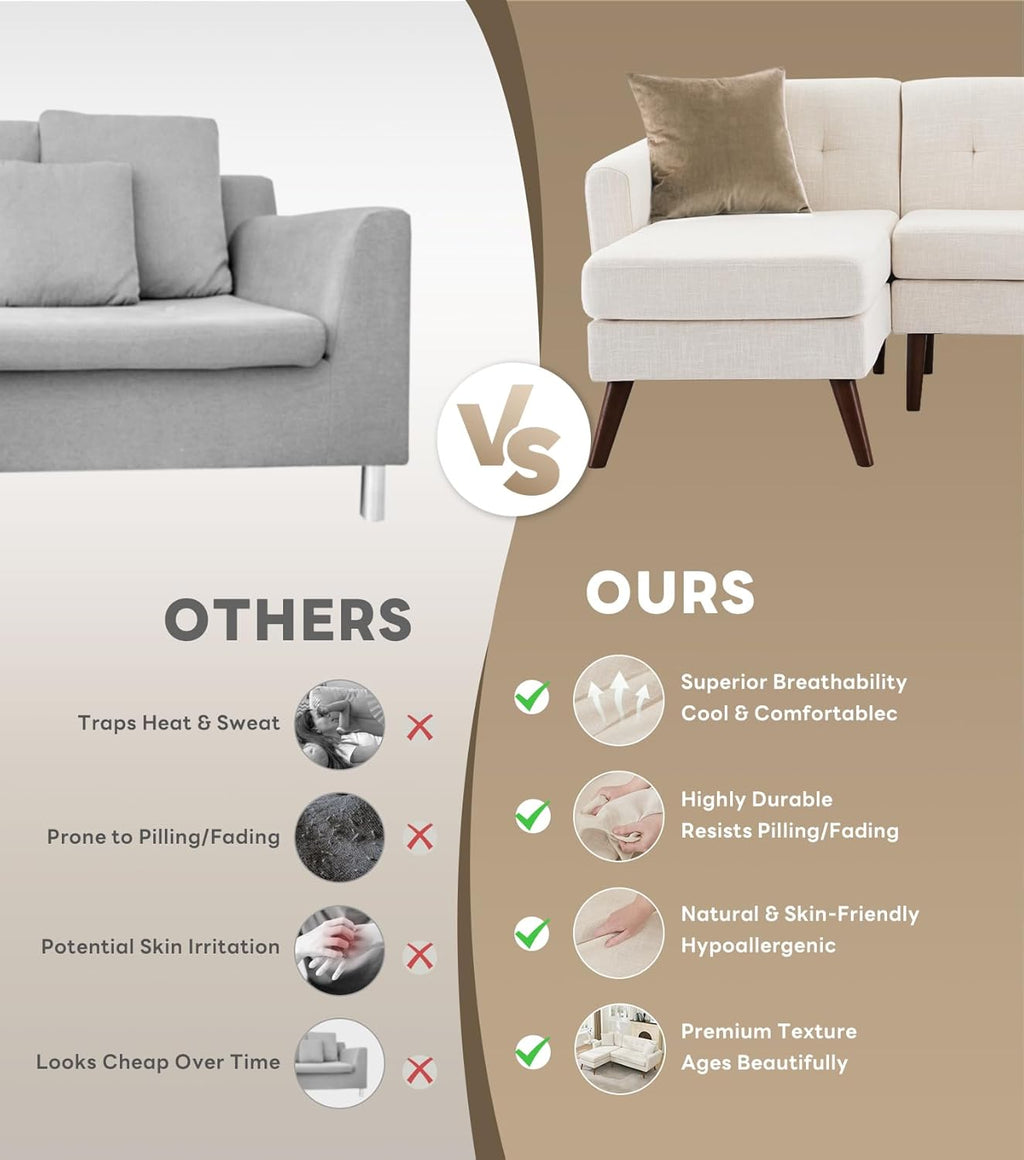 Tbfit L Shaped Couch Sofa, 80' W Mid-Century Modern Sectional Couches, 3 Seater Sofas with Wide Chaise Lounge, Button Tufted Upholstered Sectional Sofa for Living Room, Bedroom, Beige