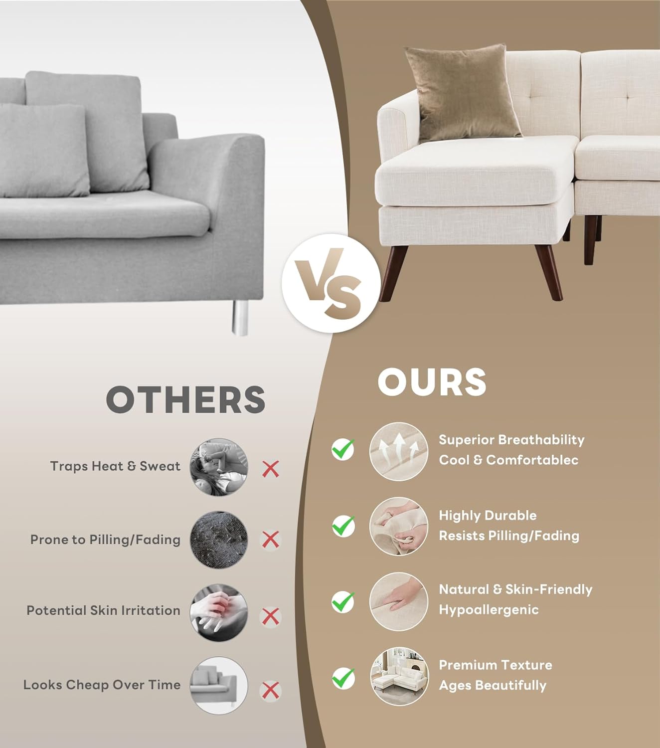 Tbfit L Shaped Couch Sofa, 80' W Mid-Century Modern Sectional Couches, 3 Seater Sofas with Wide Chaise Lounge, Button Tufted Upholstered Sectional Sofa for Living Room, Bedroom, Beige