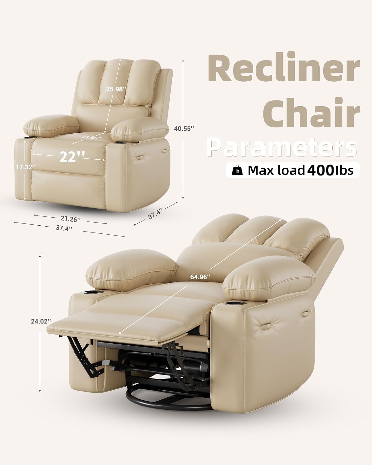22 in Leather Recliner Chair for Adults, Overstuffed Manual Recliner Chair, Single Sofa with Cup Holder and Side Pockets, Upholstered Chair for Living Rooms, Creamy