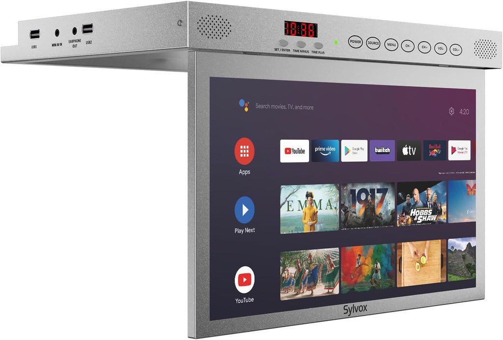SYLVOX 15.6' Under Cabinet Smart TV – 360° Rotation, 90° Flip-Down Screen, Wireless Connectivity, Space-Saving Design for Kitchen, Bedroom, or RV. (Metallic Silver)