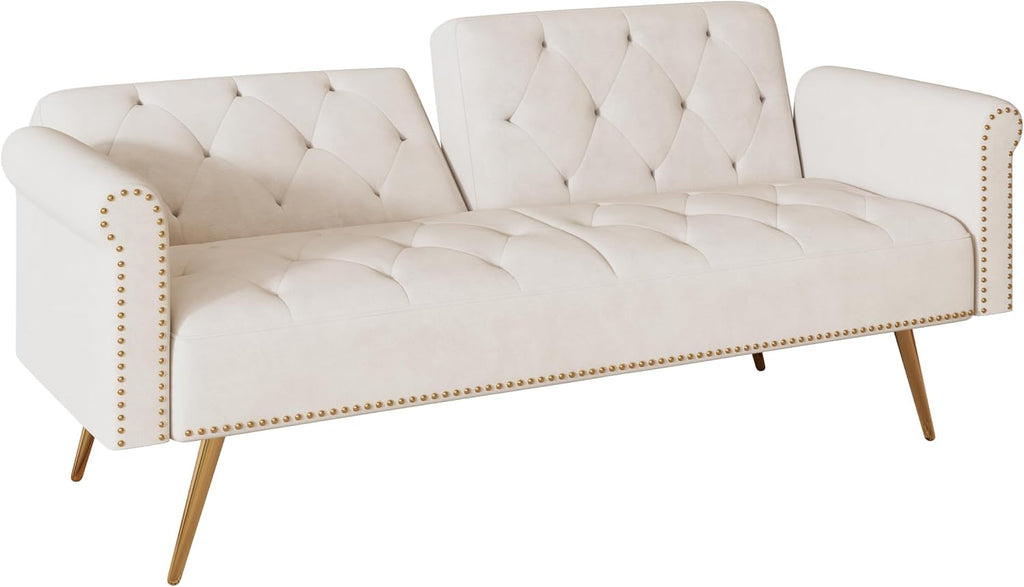 ERYE Tufted Futon Sofa Bed Modern Velvet Upholstered Loveseat Sleeper Futon Sofabed with Split Adjustable Backrest, Nailhead Decor and Elegant Golden Legs for Home Apartment RV Office Studio Bedroom
