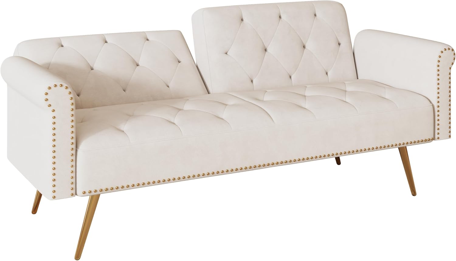 ERYE Tufted Futon Sofa Bed Modern Velvet Upholstered Loveseat Sleeper Futon Sofabed with Split Adjustable Backrest, Nailhead Decor and Elegant Golden Legs for Home Apartment RV Office Studio Bedroom